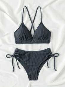 Swim Basics Conjunto de bikini separado para mujer con nudo lateral texturizado para playa de verano