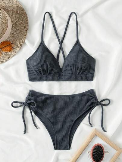 Swim Vcay 夏季海滩女士纹理侧结分体比基尼套装