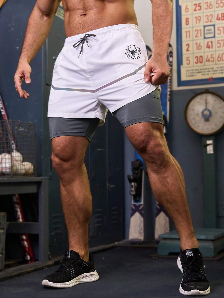 Manfinity Sport Corelite 男士侧条纹口袋二合一运动短裤，白色慢跑短裤运动裤 - 白色 - 查看 1