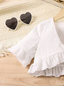 SHEIN Young Girls' Solid Hollow Out Embroidery Top And Ditsy Floral Printed Dress 2pcs/Set