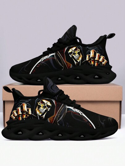 Men's Revenge Skull & Sickle Print Outdoor Running Shoes, Including Large Sizes, Knife-Edge Soles, Lightweight, Durable, Shock-Absorbing And Non-Slip, Soft Bottom And Mesh