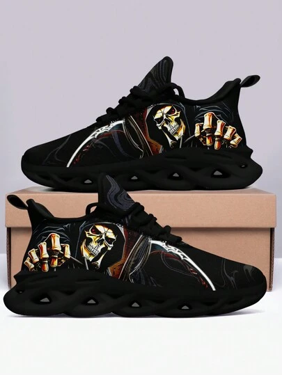 Men's Revenge Skull & Sickle Print Outdoor Running Shoes, Including Large Sizes, Knife-Edge Soles, Lightweight, Durable, Shock-Absorbing And Non-Slip, Soft Bottom And Mesh