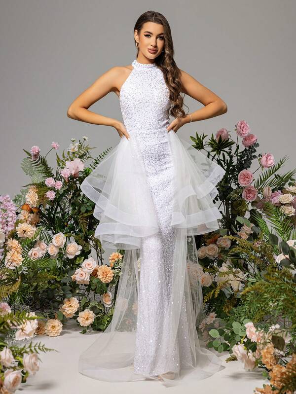 LOVE&LEMONADE White Halter Neck Wedding Dress With Mesh Patchwork