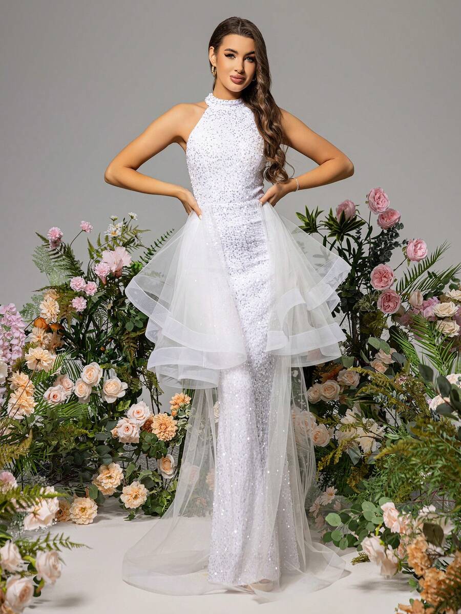 LOVE&LEMONADE White Halter Neck Wedding Dress With Mesh Patchwork