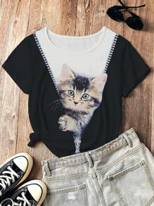 SHEIN Slayr Women's 3d Cat Pattern Short Sleeve T-Shirt - Multicolor - View 5