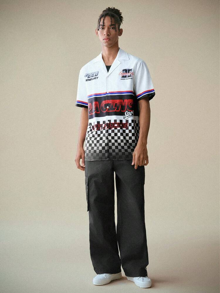 Loose Fit Men's Color Block Plaid & Letter Print Casual Shirt