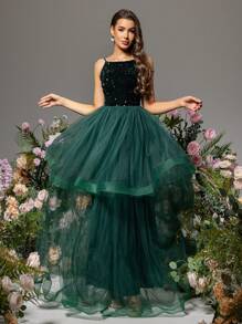 LOVE&LEMONADE Glitter Panel Double Layer Mesh Green Spaghetti Strap Dress - Green - View 2