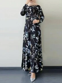 Loose Fit Casual Round Neck Plant Printed Dress - Multicolor - View 1
