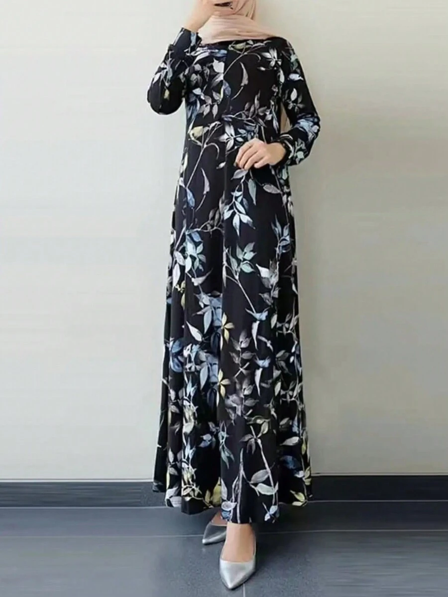 Loose Fit Casual Round Neck Plant Printed Dress - Multicolor - View 1