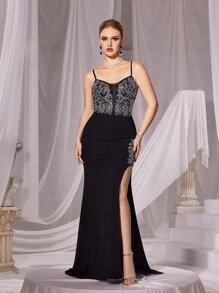 Faeriesty 水钻细节美人鱼下摆吊带派对连衣裙 - 黑色 - 查看 1