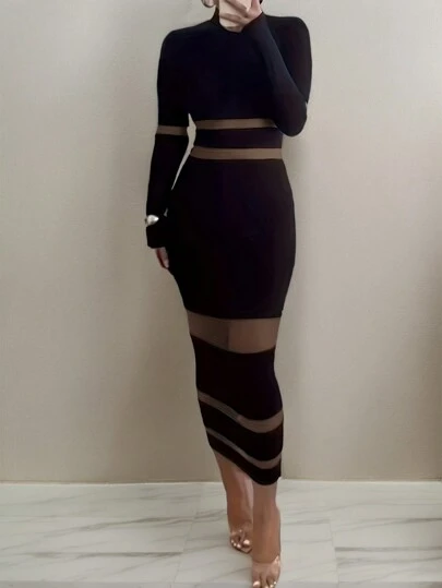 shein black sheer dress SHEIN SXY Prom Dress;Sheer Gorgeous Rhinestone Decorated Black Mini Dress  With Sheer Panel And High Neck Design For Music Festival/Party