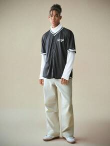 Manfinity RebelGame 男士彈性腰帶直腳編織褲 - 杏色 - 查看 6