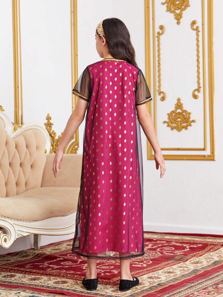 Tween Girls' Elegant & Casual Mesh Cape Gold Print Dress Set