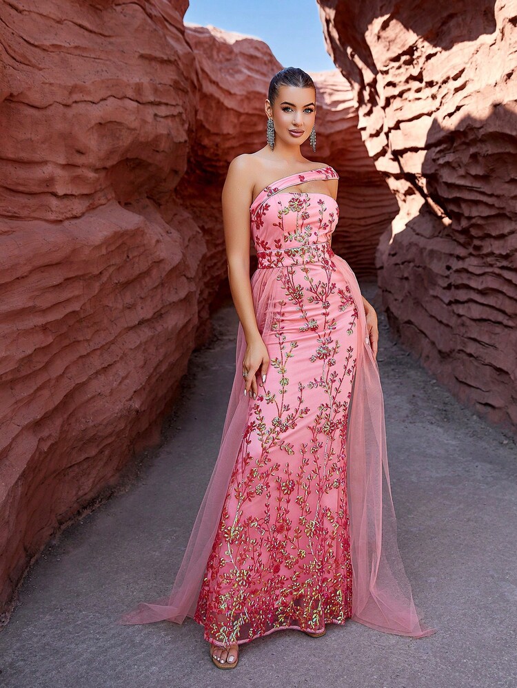 LOVE&LEMONADE Women's Plant Sequin Contrast Mesh Fitted Hollow Out Elegant Evening Dress - Pink - View 6