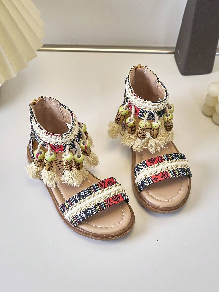 兒童流蘇裝飾平底涼鞋 - 黑色 - 查看 1