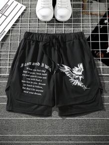 Manfinity Hypemode Men's Eagle Pattern Double Layer Shorts Sweat Letter Gym Dad And Me - Black - View 4