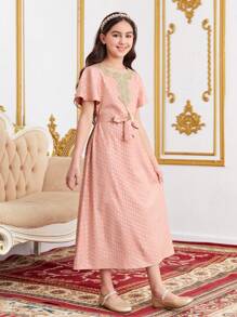 SHEIN Tween Girls' Casual Colorblock Woven Belt & Full Printed Dress