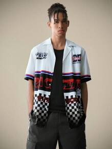 Manfinity RebelGame Loose Fit Men's Color Block Plaid & Letter Print Casual Shirt - White - View 3