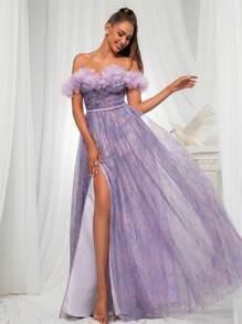 优雅紫色露肩露肩长款网眼晚礼服 - 紫色 - 查看 3