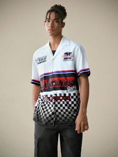 Manfinity RebelGame Loose Fit Men's Color Block Plaid & Letter Print Casual Shirt