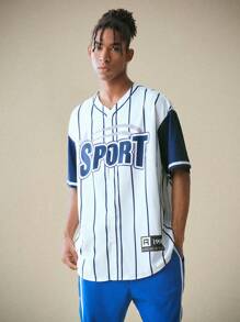 Manfinity RebelGame 男士编织休闲短袖棒球衬衫，返校 - 白色 - 查看 1