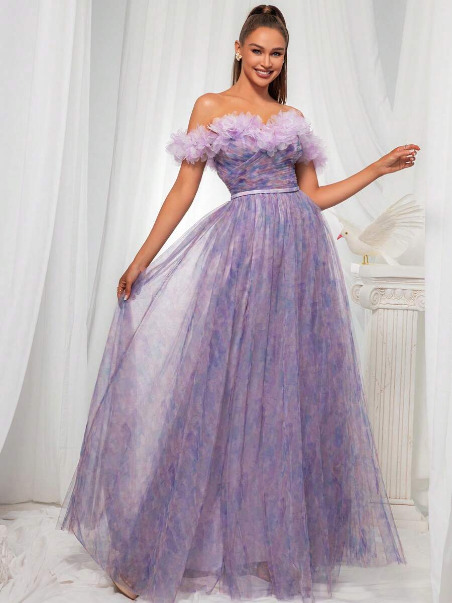 优雅紫色露肩露肩长款网眼晚礼服 - 紫色 - 查看 1