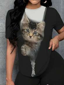 SHEIN Slayr Women's 3d Cat Pattern Short Sleeve T-Shirt - Multicolor - View 1