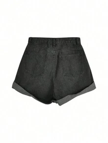 女士高腰纯色休闲短裤，适合通勤（不含腰带） - 深灰色 - 查看 2