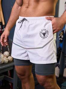 Manfinity Sport Corelite 男士侧条纹口袋二合一运动短裤，白色慢跑短裤运动裤 - 白色 - 查看 5