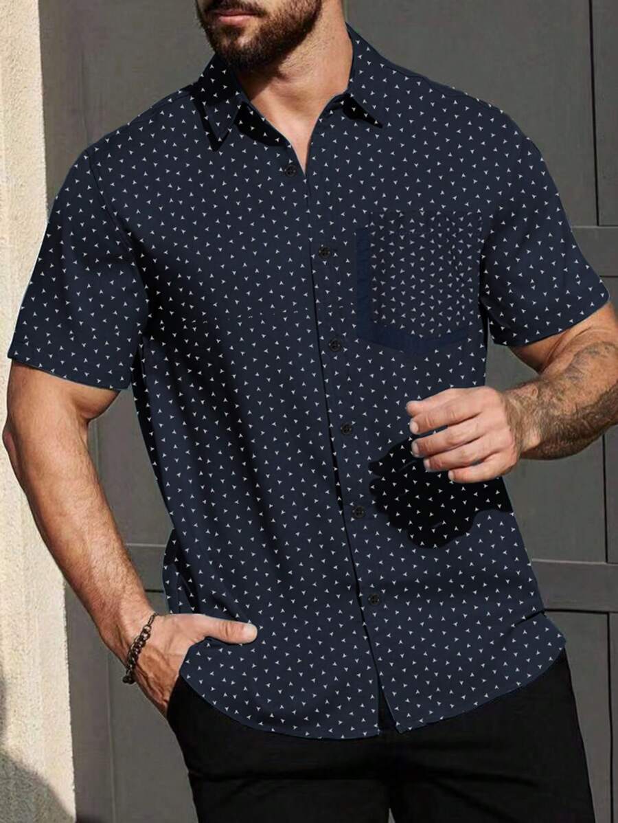 Manfinity Mode Men's Full Print Geometric Pattern Short Sleeve Shirt - Royal Blue - View 1