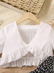 SHEIN Young Girls' Solid Hollow Out Embroidery Top And Ditsy Floral Printed Dress 2pcs/Set