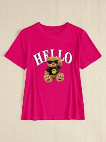 Maweii Camiseta de verano de cuello redondo para mujer talla grande con estampado de oso de peluche y letra - Rosa Fucsia - Ver 3