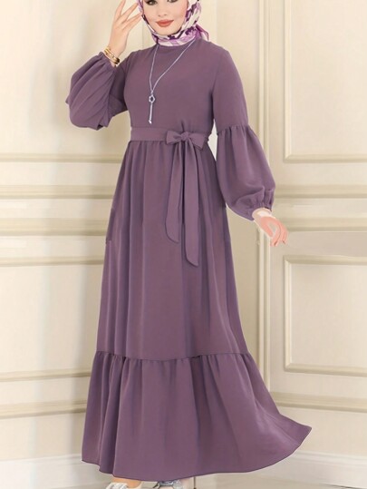 Women's Solid Color Round Neck Casual Elegant Daily Waist Tie Bow Long Dress, Lantern Sleeve, Suitable For Spring, Summer, Autumn, Beach, Honeymoon, Modest