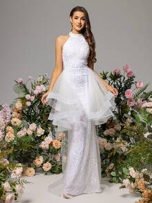 LOVE&LEMONADE White Halter Neck Wedding Dress With Mesh Patchwork - White - View 7