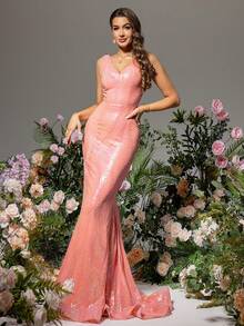 LOVE&LEMONADE 女式v領亮片晚禮服 - 玫紅色 - 查看 3