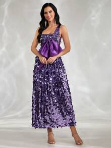 Purple Sexy One Shoulder Bow Glitter Sequin Evening Gown - Purple - View 3