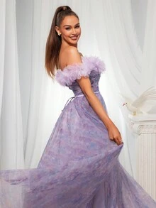 优雅紫色露肩露肩长款网眼晚礼服 - 紫色 - 查看 6