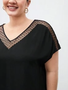 SHEIN BIZwear 大尺寸v領短袖網布料拼接t卹 - 黑色 - 查看 3