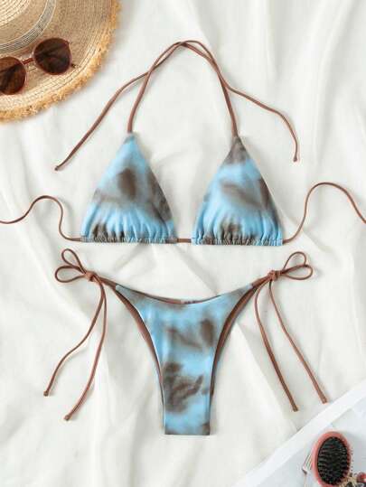 Swim Mod 2026 Spring/Summer New Random Blue & Brown Tie-Dye Print Spaghetti Strap Solid Lining Sexy Sweet Side Tie Thong Bikini 2-Piece Swimsuit For Women