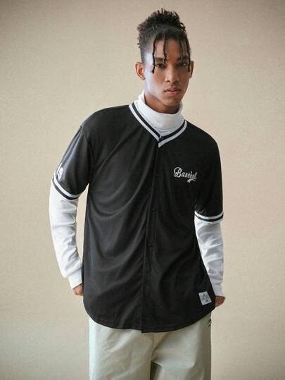 Manfinity RebelGame Camiseta de béisbol de corte holgado con estampado de letras para hombre