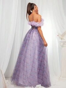 优雅紫色露肩露肩长款网眼晚礼服 - 紫色 - 查看 2