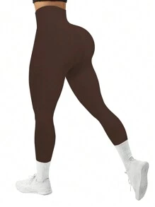 SHEIN Yoga Basic Solid Tummy Control Sports Leggings - Coffee Brown - View 1