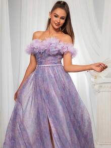 优雅紫色露肩露肩长款网眼晚礼服 - 紫色 - 查看 4