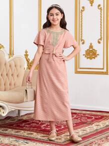 SHEIN Tween Girls' Casual Colorblock Woven Belt & Full Printed Dress