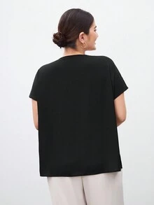 SHEIN BIZwear 大尺寸v領短袖網布料拼接t卹 - 黑色 - 查看 2