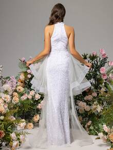 LOVE&LEMONADE White Halter Neck Wedding Dress With Mesh Patchwork - White - View 3