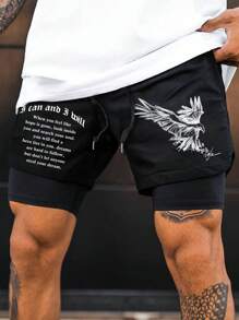 Manfinity Hypemode Men's Eagle Pattern Double Layer Shorts Sweat Letter Gym Dad And Me - Black - View 3