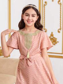 SHEIN Tween Girls' Casual Colorblock Woven Belt & Full Printed Dress