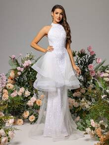 LOVE&LEMONADE White Halter Neck Wedding Dress With Mesh Patchwork - White - View 4