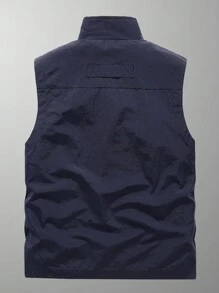 Men's Casual Navy Blue Zip Pocket Vest, Breathable - Navy Blue - View 2